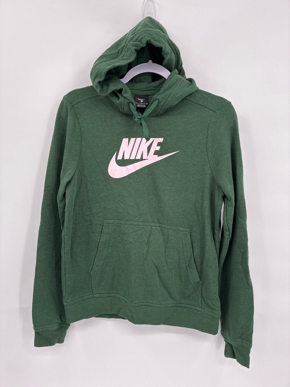 Nike Sportswear Club Fleece Green Pullover Hoodie Pink Swoosh Logo Small